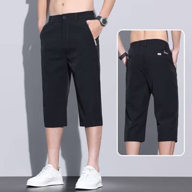 Ice silk casual cropped pants male elastic 8 -point pants mid -pants summer thin, breathable loose straight tube shorts wearing horse pants