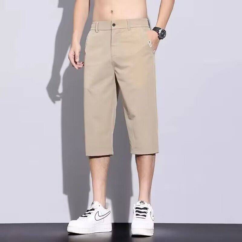 Ice silk casual cropped pants male elastic 8 -point pants mid -pants summer thin, breathable loose straight tube shorts wearing horse pants