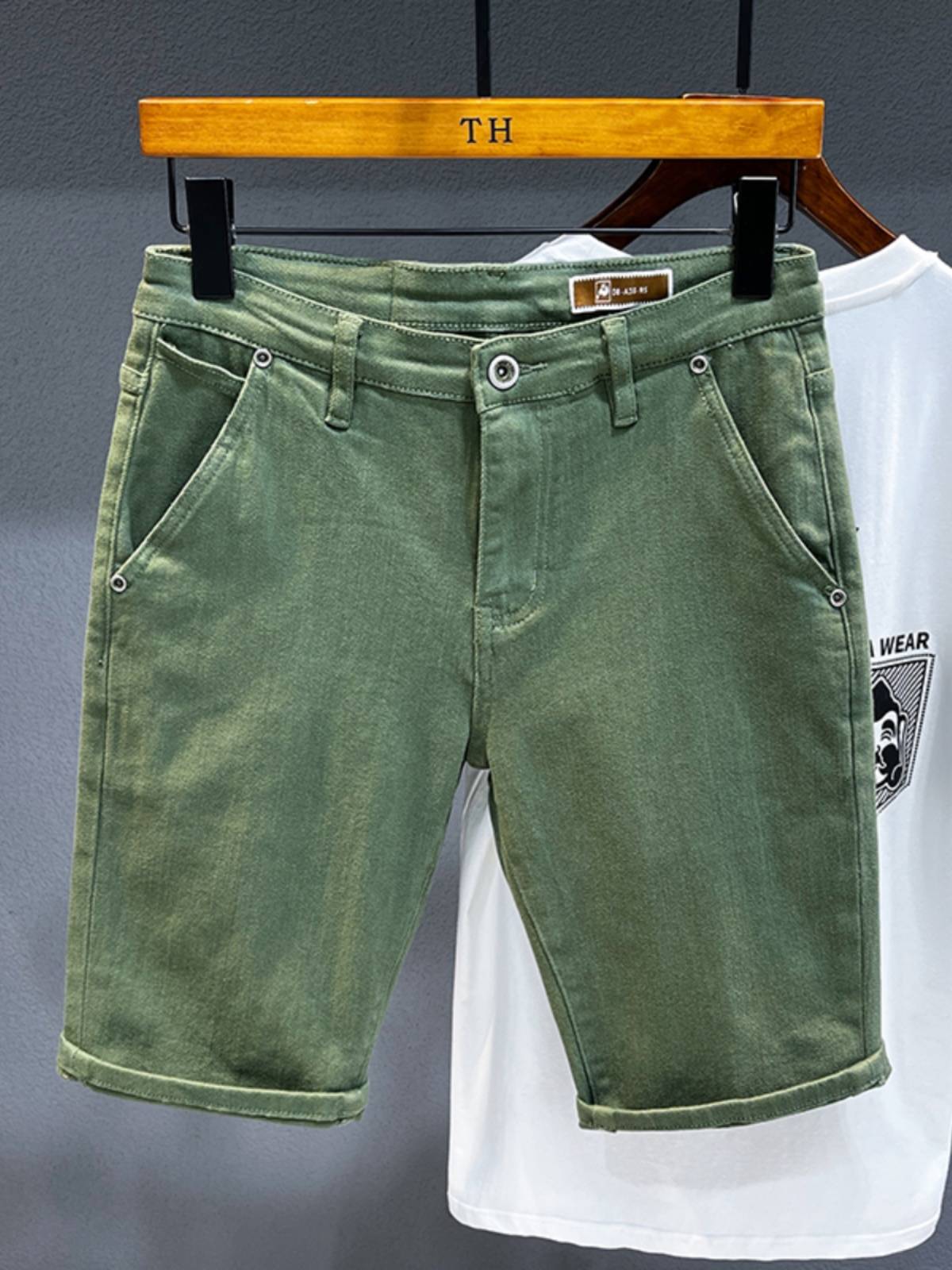 Summer personalized denim shorts men's tide brand pants fashion mid pants casual 5 points horse pants elastic European and American military green