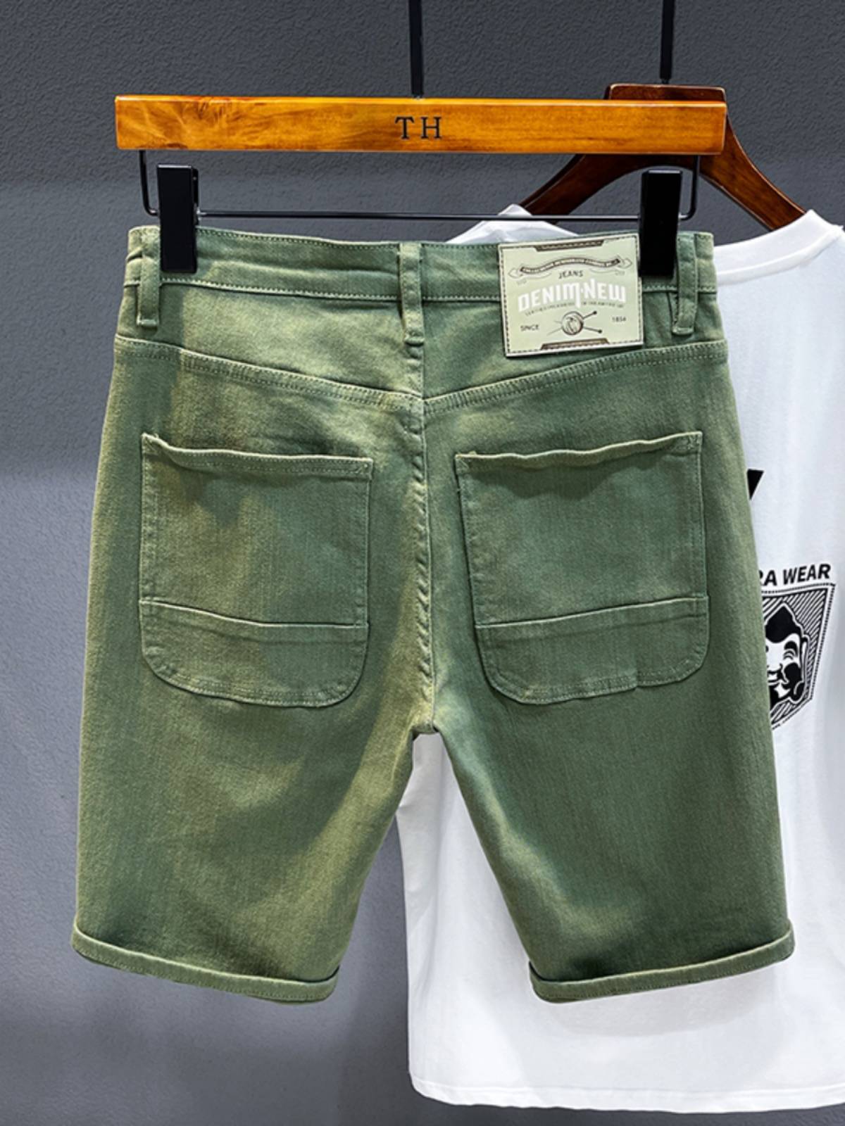 Summer personalized denim shorts men's tide brand pants fashion mid pants casual 5 points horse pants elastic European and American military green