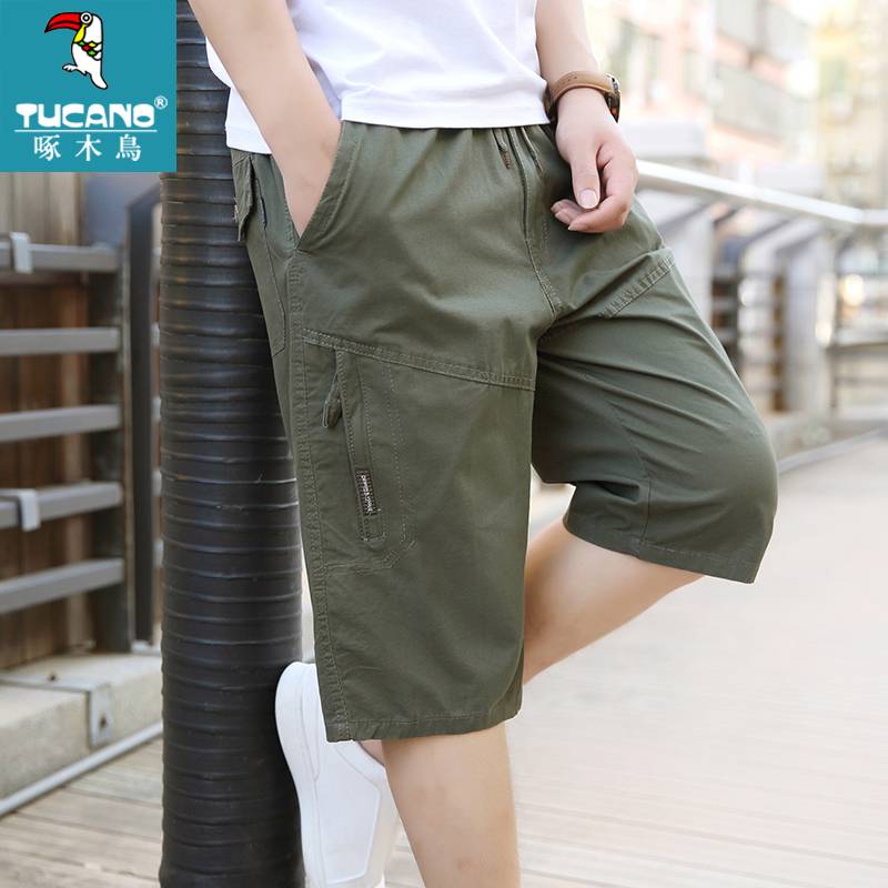 Woodpecker men's clothing cropped pants summer pure cotton loose casual beach pants middle -aged and elderly worker horses overweed shorts