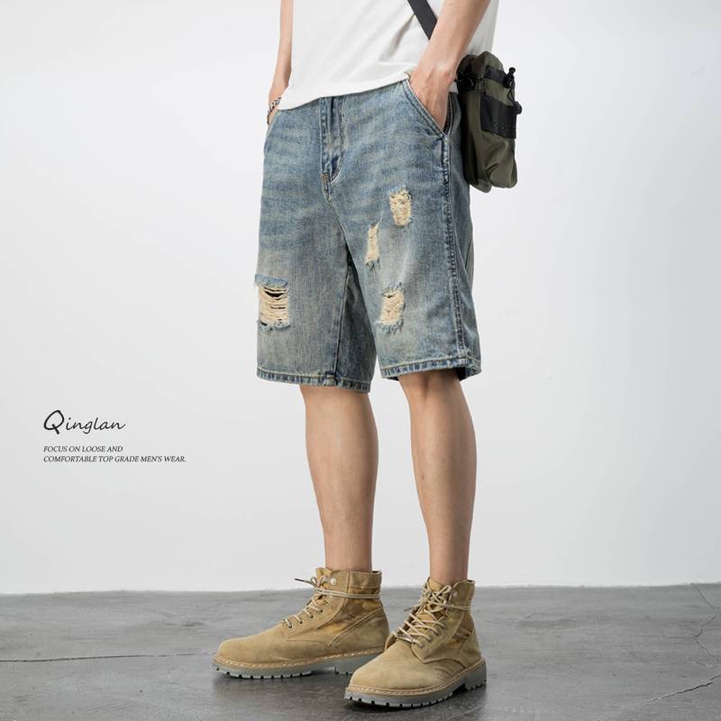 This year's popular ripped denim shorts, big tide card loose codes, men's straight pants pants trendy casual horse pants summer