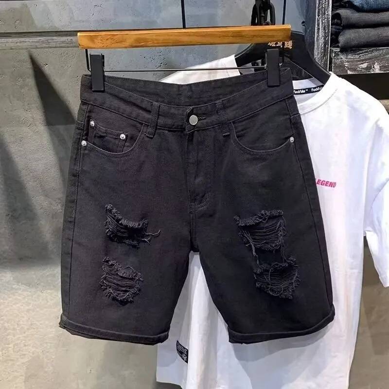 2024 Summer White Cave Denim shorts men's Korean version slim elastic five -point horse pants trend versatile pants