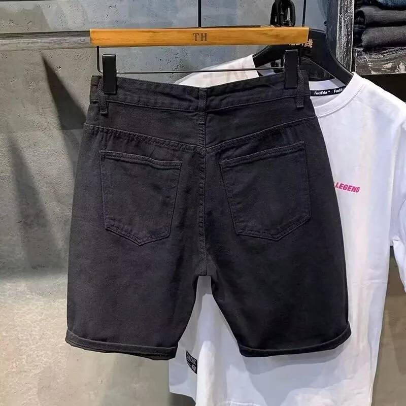 2024 Summer White Cave Denim shorts men's Korean version slim elastic five -point horse pants trend versatile pants