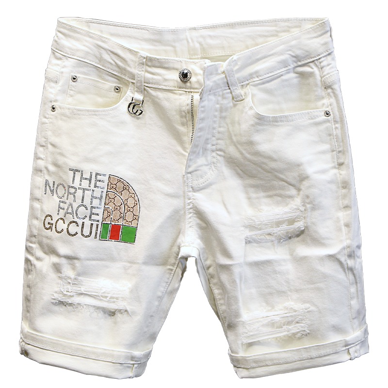 Summer thin denim shorts, men's white hot drill five -point European version of trendy slim pants pants pants pants
