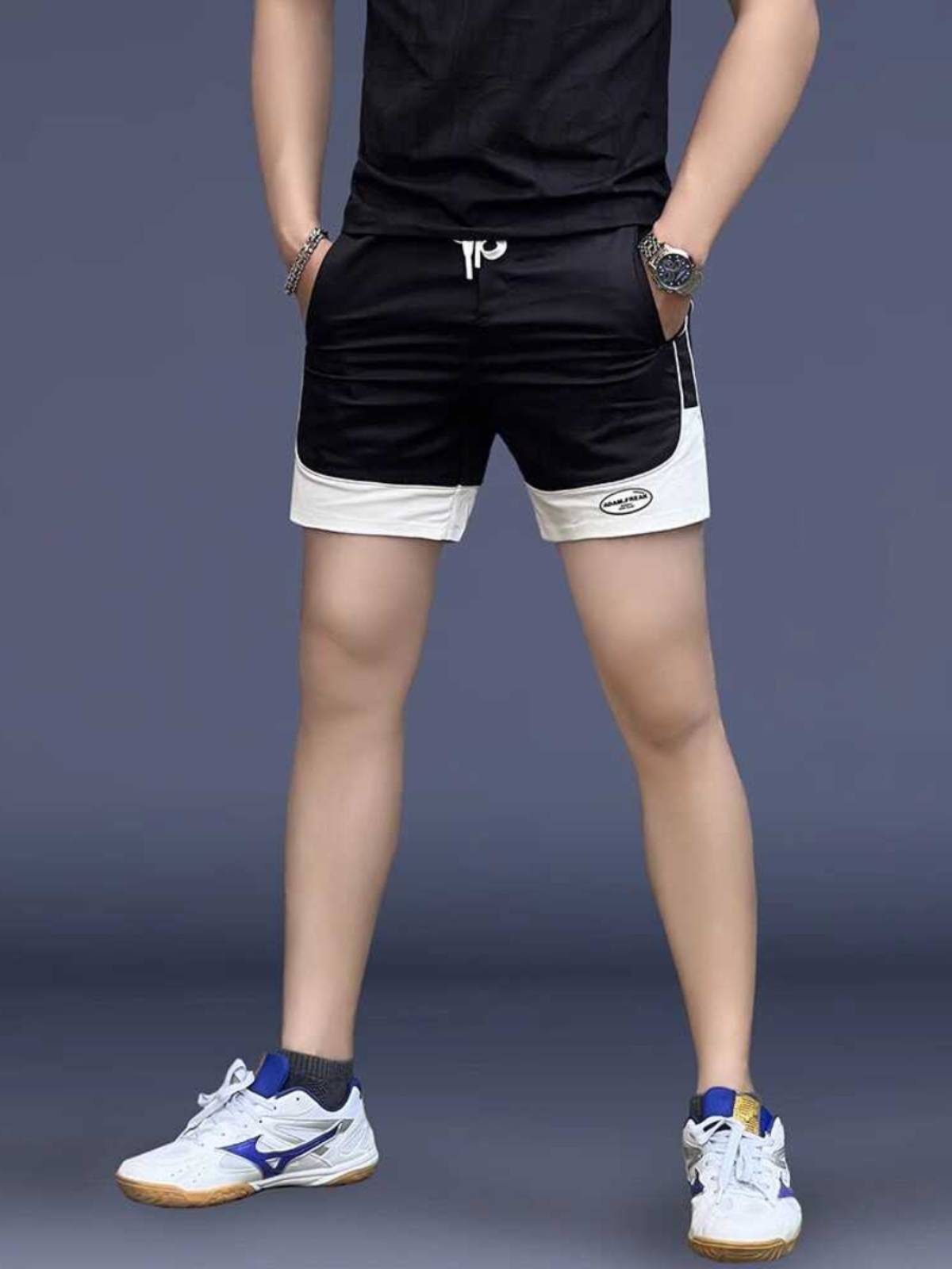 European station stitching ice silk casual shorts Men's new sports trousers straight jail slim pants wear four -pointer
