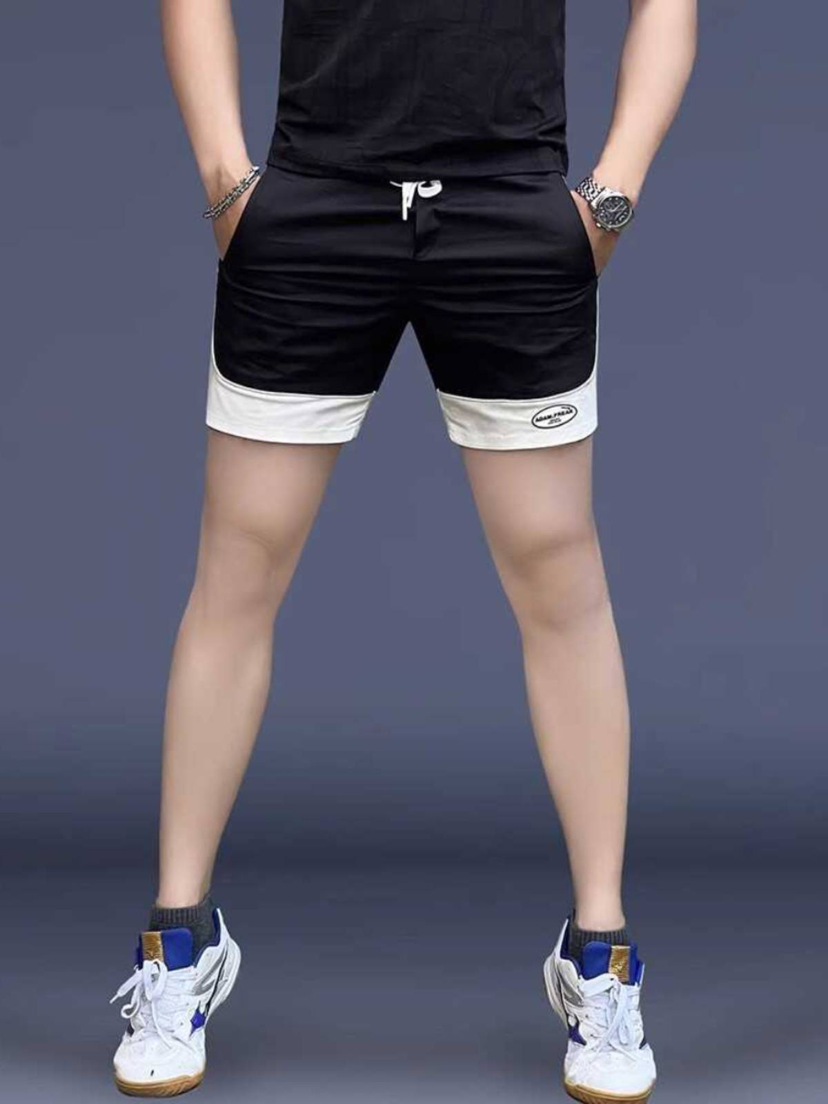 European station stitching ice silk casual shorts Men's new sports trousers straight jail slim pants wear four -pointer
