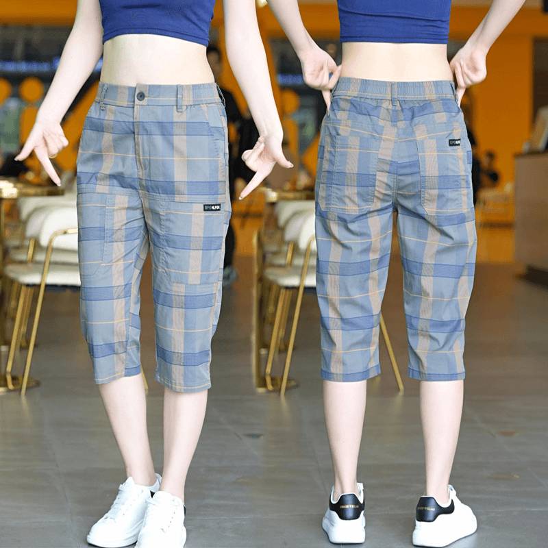 Summer thin six -pocket plaids, men's elastic slim casual shorts, ice silk, blight over -the -knee -knee, balcony horse pants
