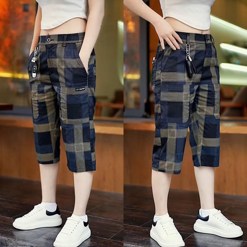 Summer thin six -pocket plaids, men's elastic slim casual shorts, ice silk, blight over -the -knee -knee, balcony horse pants
