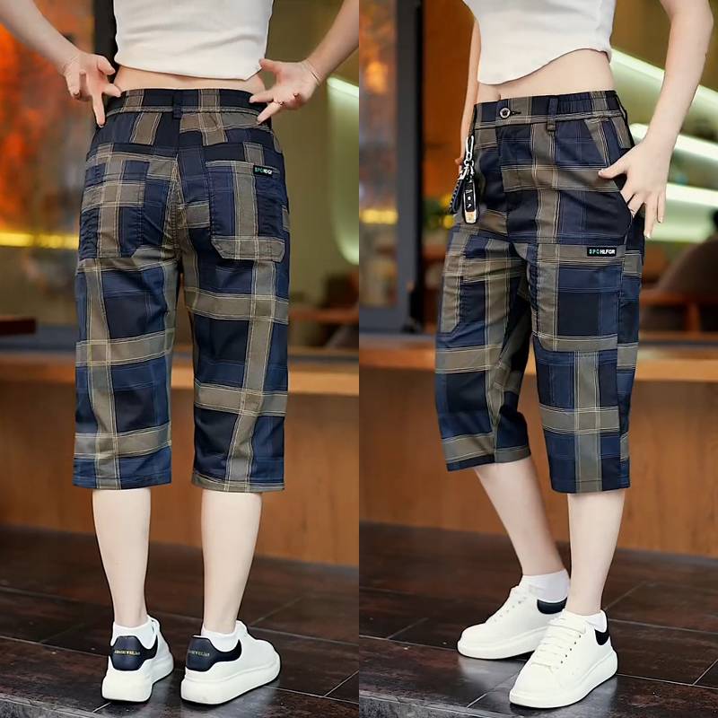 Summer thin six -pocket plaids, men's elastic slim casual shorts, ice silk, blight over -the -knee -knee, balcony horse pants