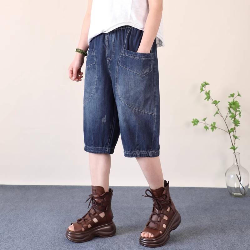 Summer thin pocket net Infrared pseudo -piercing straight female BF loose stitching foot penta pants high waist horse pants short