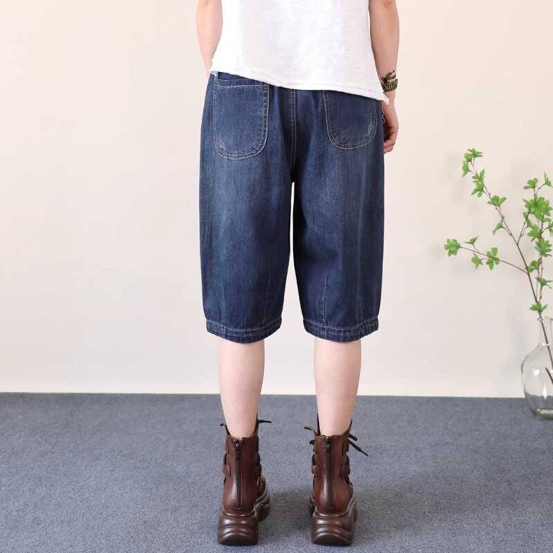 Summer thin pocket net Infrared pseudo -piercing straight female BF loose stitching foot penta pants high waist horse pants short