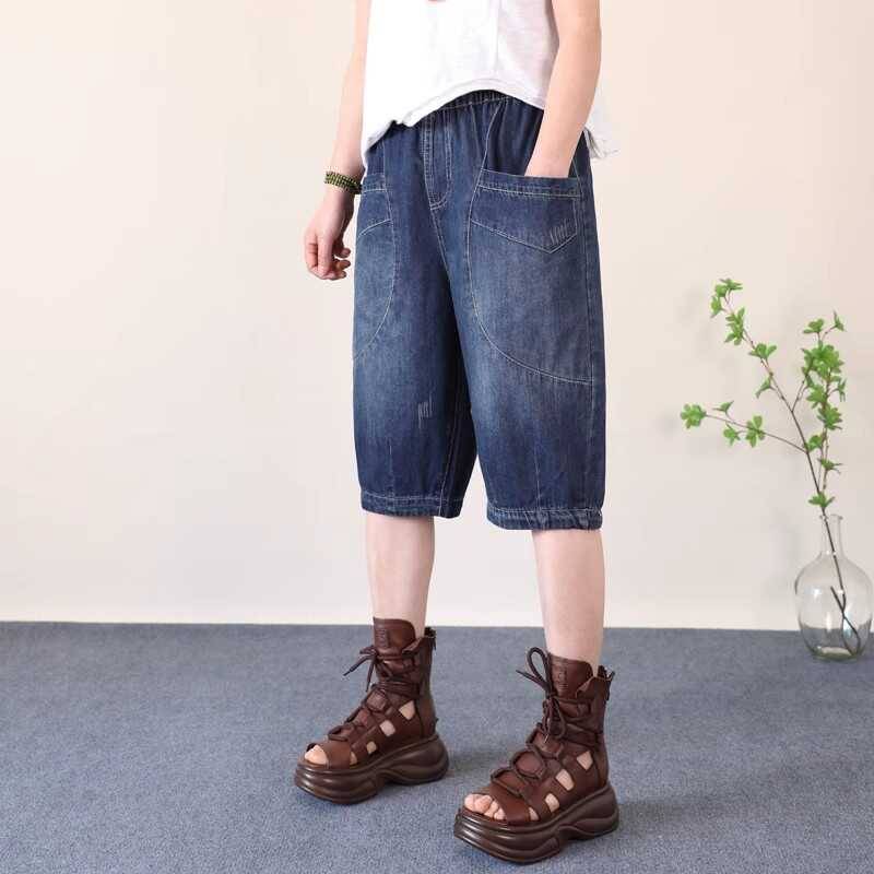 Summer thin pocket net Infrared pseudo -piercing straight female BF loose stitching foot penta pants high waist horse pants short
