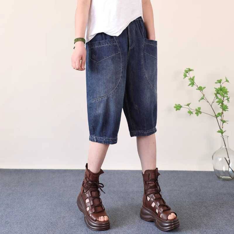 Summer thin pocket net Infrared pseudo -piercing straight female BF loose stitching foot penta pants high waist horse pants short