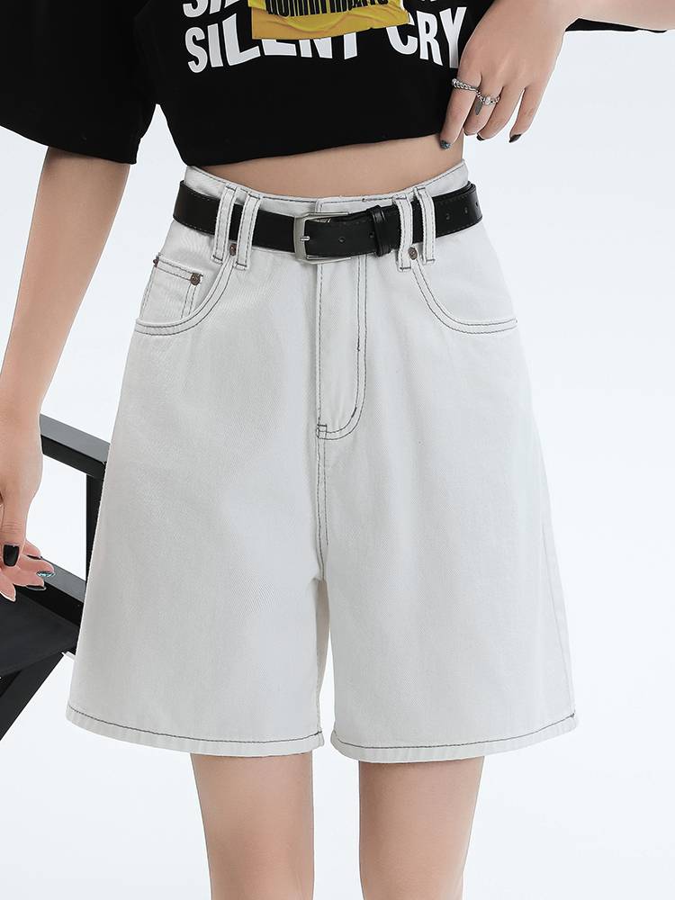 Summer high -waisted white shorts, denim mid -pants, female European high -end large -size ride straight horse pants thin panty pants