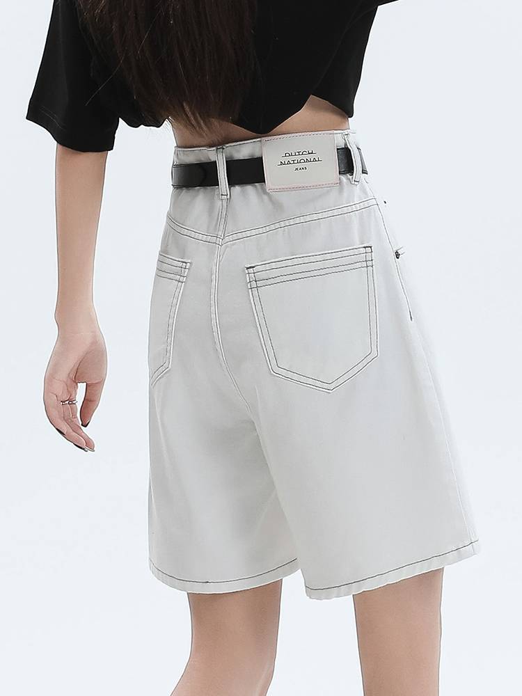 Summer high -waisted white shorts, denim mid -pants, female European high -end large -size ride straight horse pants thin panty pants
