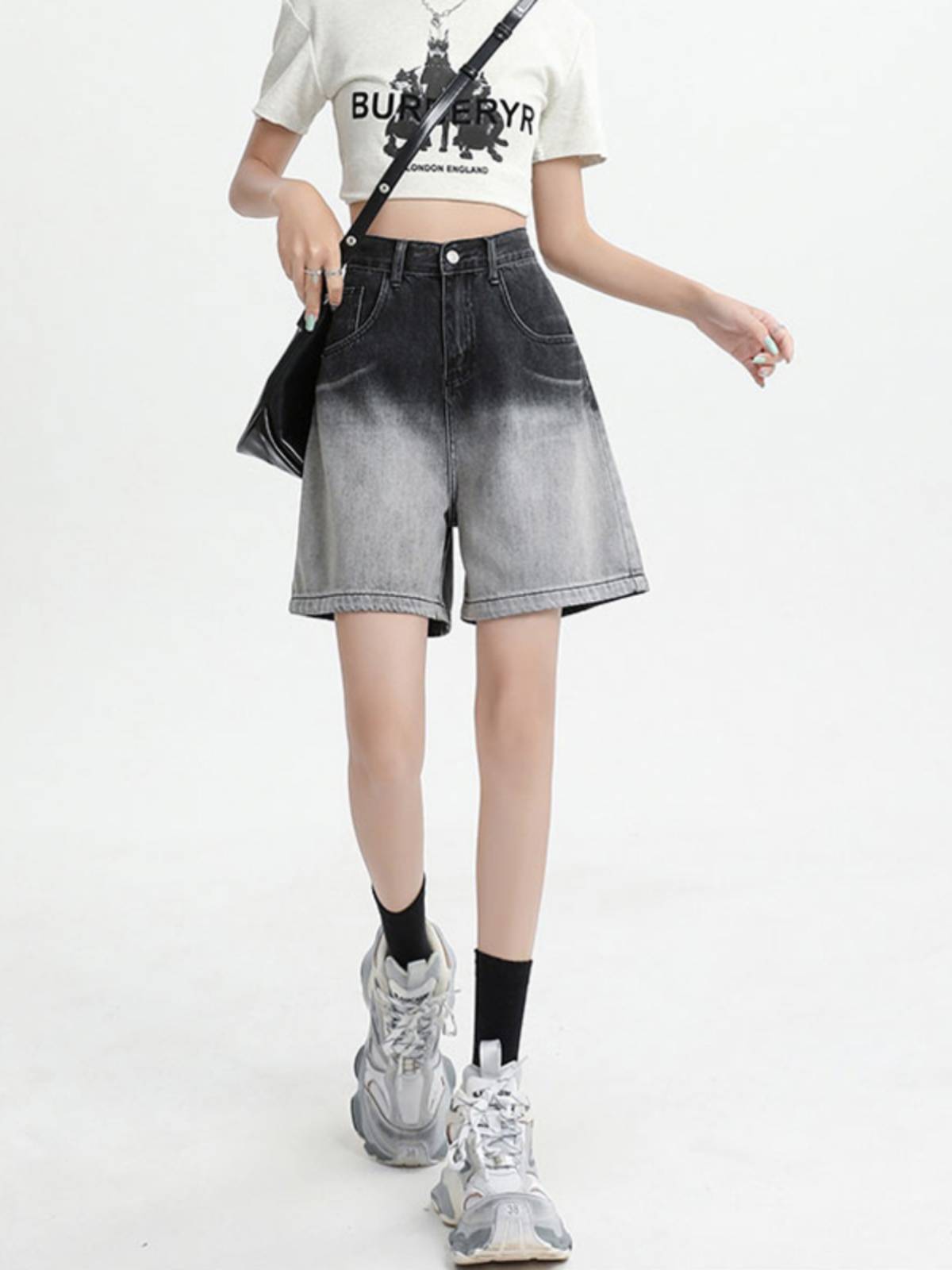 Summer thin jeans, pants pants pants, female large size fat MM gradient loose horse pants high waist cycling black shorts