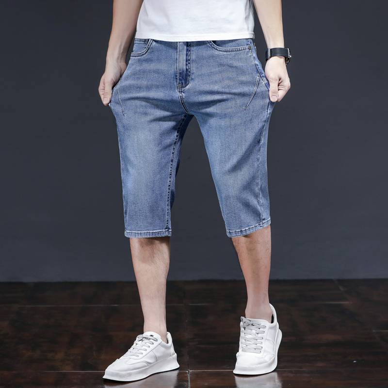 Summer thin denim shorts, men's elasticity, loose casual, pants trend straight tube tube jeans over knee horse pants