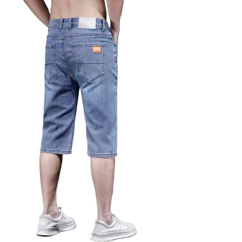 Summer thin denim shorts, men's elasticity, loose casual, pants trend straight tube tube jeans over knee horse pants