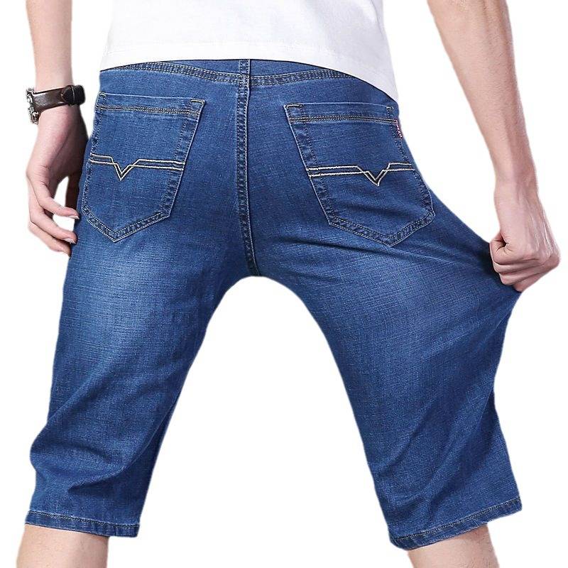 Summer thin elastic denim shorts, men's five -point men, fertilizer, increased size loose straight pants, pants and trousers half pants