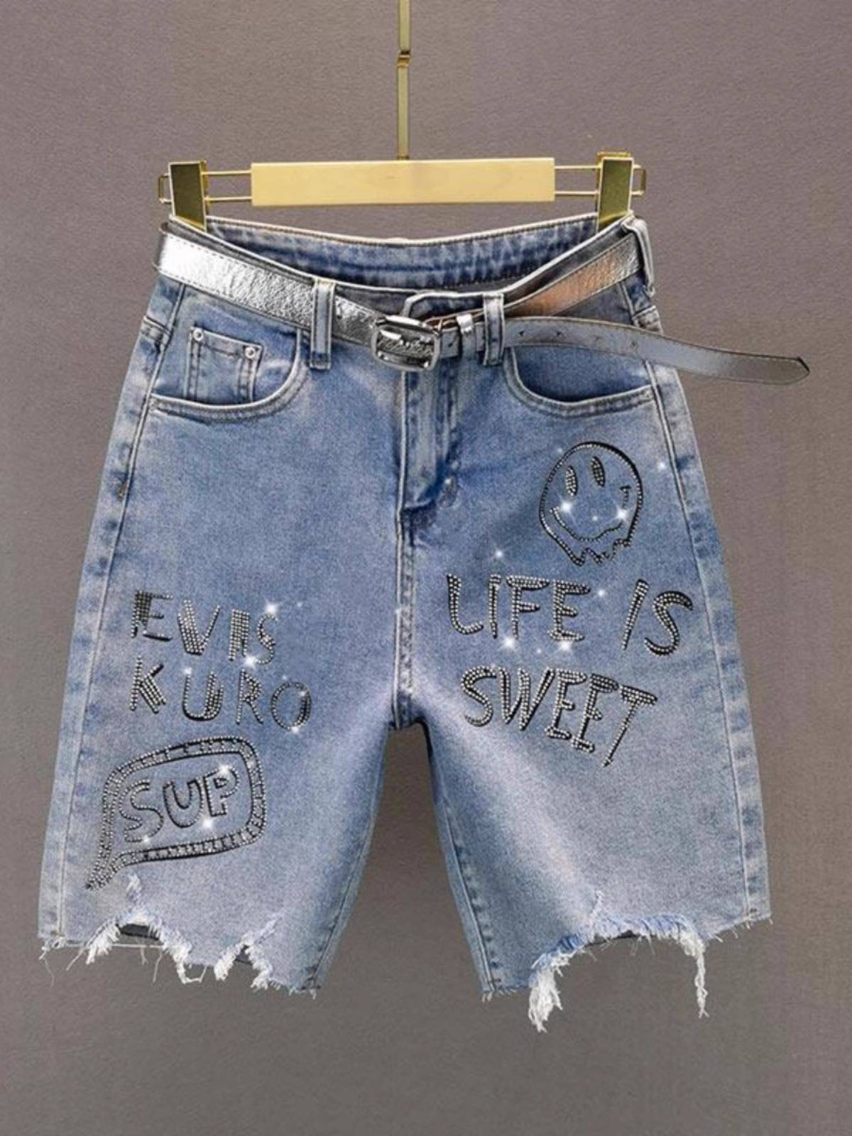 Straight denim jeans pants pants 2024 summer new high waist loose, thin European cargo hot drilling hair edge shorts