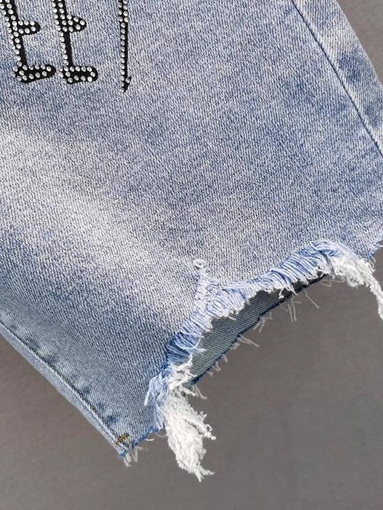 Straight denim jeans pants pants 2024 summer new high waist loose, thin European cargo hot drilling hair edge shorts
