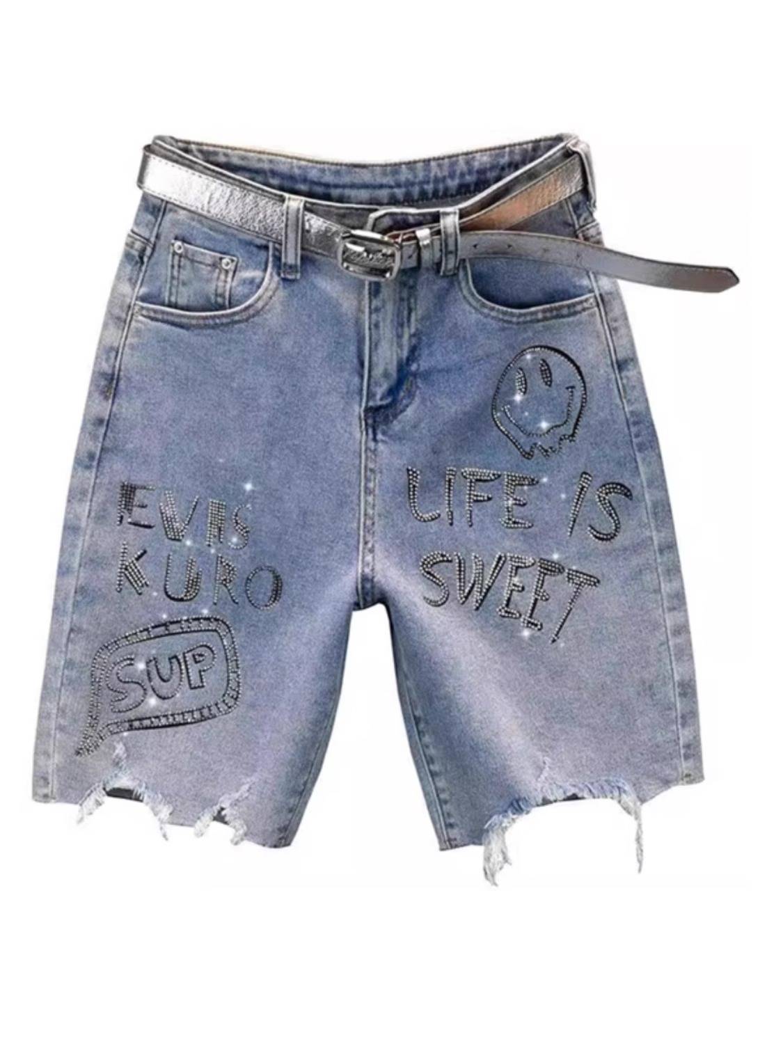 Straight denim jeans pants pants 2024 summer new high waist loose, thin European cargo hot drilling hair edge shorts
