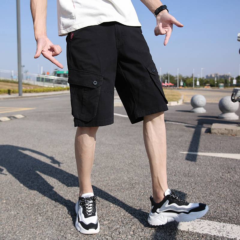 Summer new casual shorts men's belt multi -pocket worker pants fashion trend five -point pants pants pure cotton pants