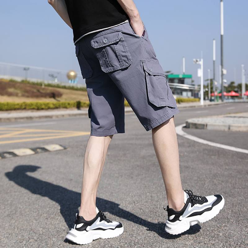 Summer new casual shorts men's belt multi -pocket worker pants fashion trend five -point pants pants pure cotton pants