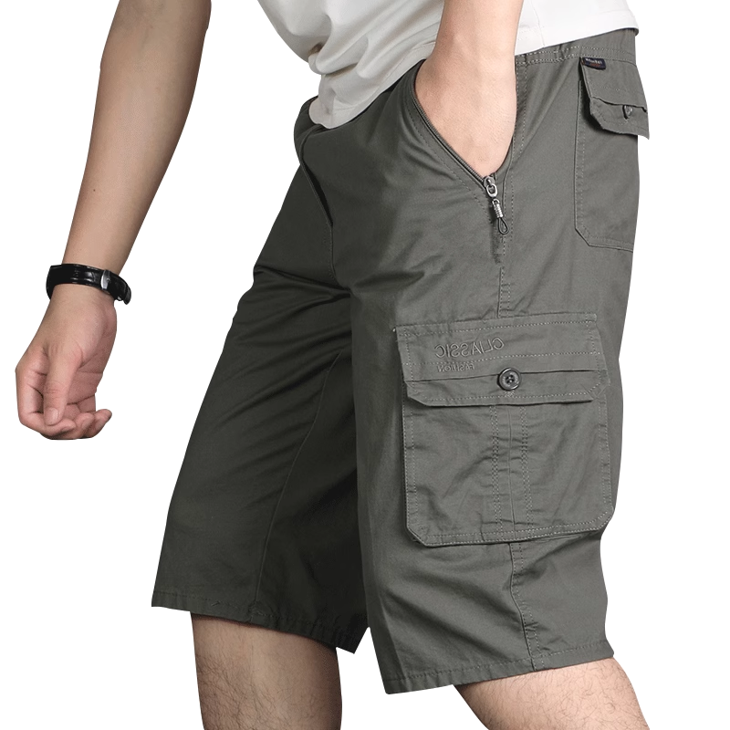 Pure cotton multiplayer zipper seven -point pants men's summer thin middle -aged over -the -knee big size Dad casual horses middle panties
