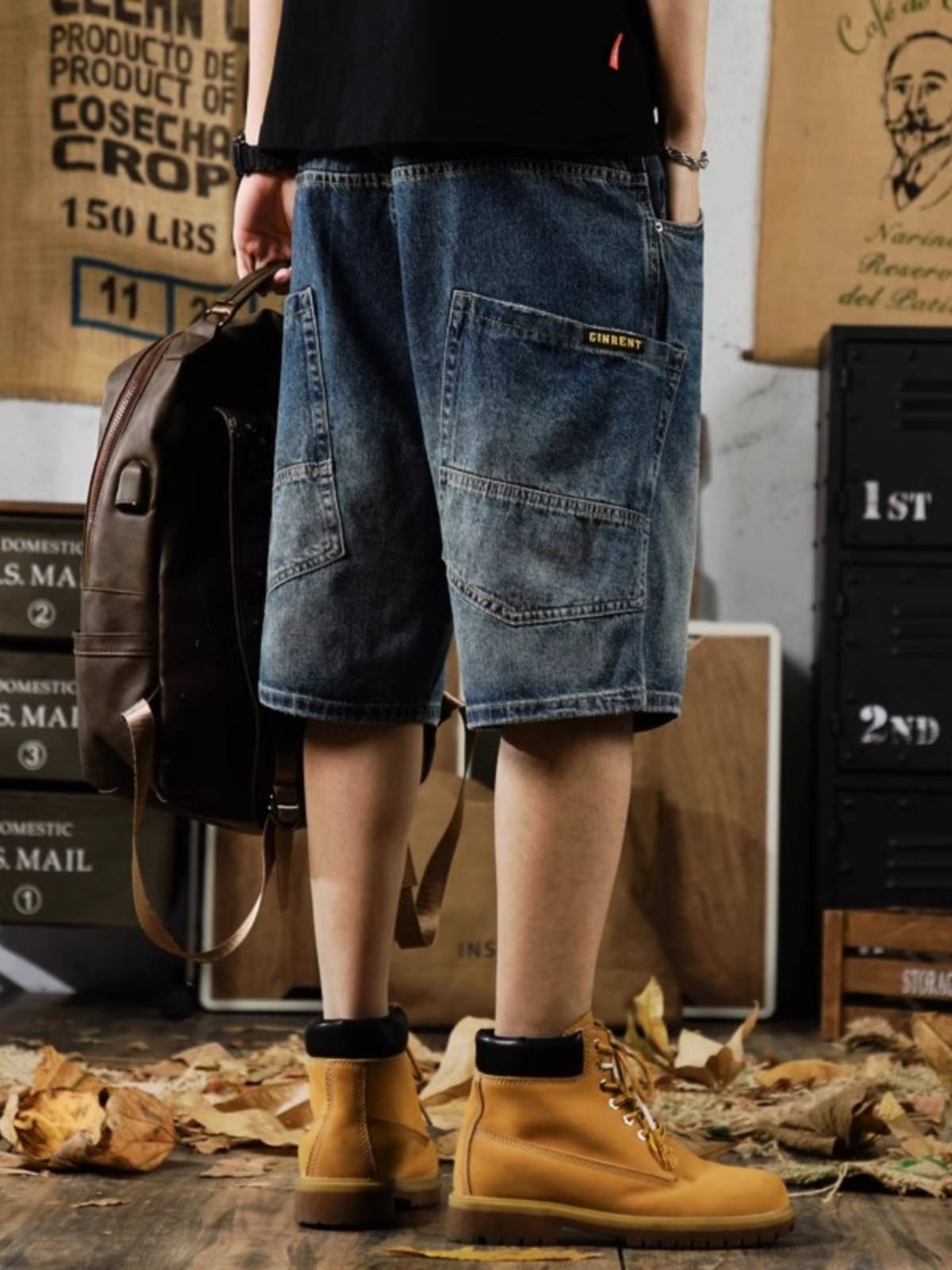 Extra -code American retro denim shorts men's INS stitching retro horse pants summer loose workmanship five -point pants 2