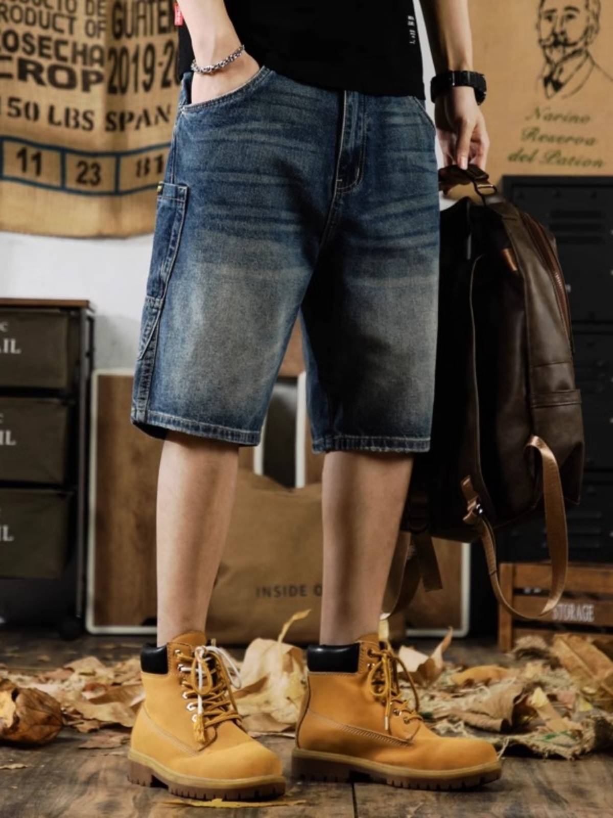 Extra -code American retro denim shorts men's INS stitching retro horse pants summer loose workmanship five -point pants 2