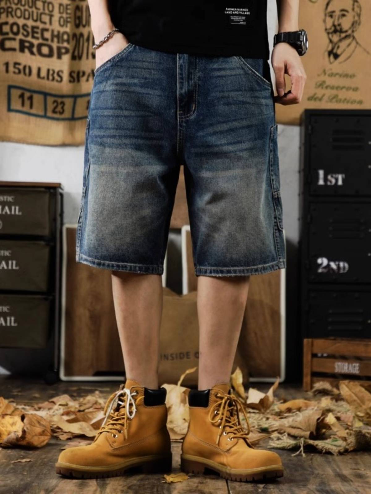 Extra -code American retro denim shorts men's INS stitching retro horse pants summer loose workmanship five -point pants 2