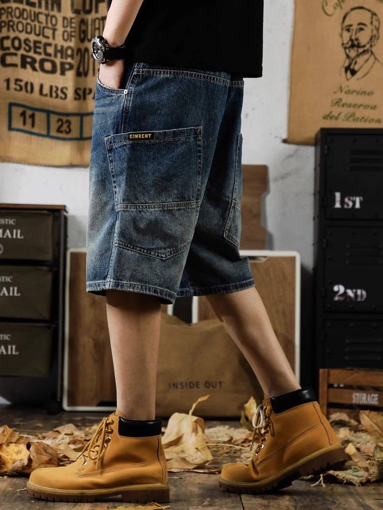 Extra -code American retro denim shorts men's INS stitching retro horse pants summer loose workmanship five -point pants 2