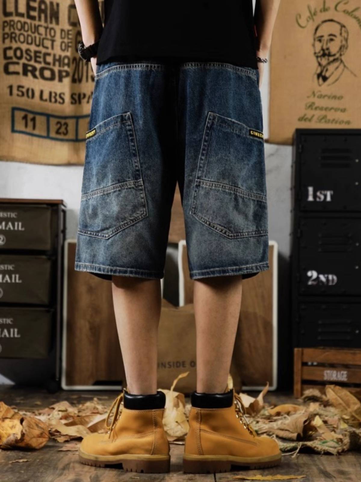 Extra -code American retro denim shorts men's INS stitching retro horse pants summer loose workmanship five -point pants 2