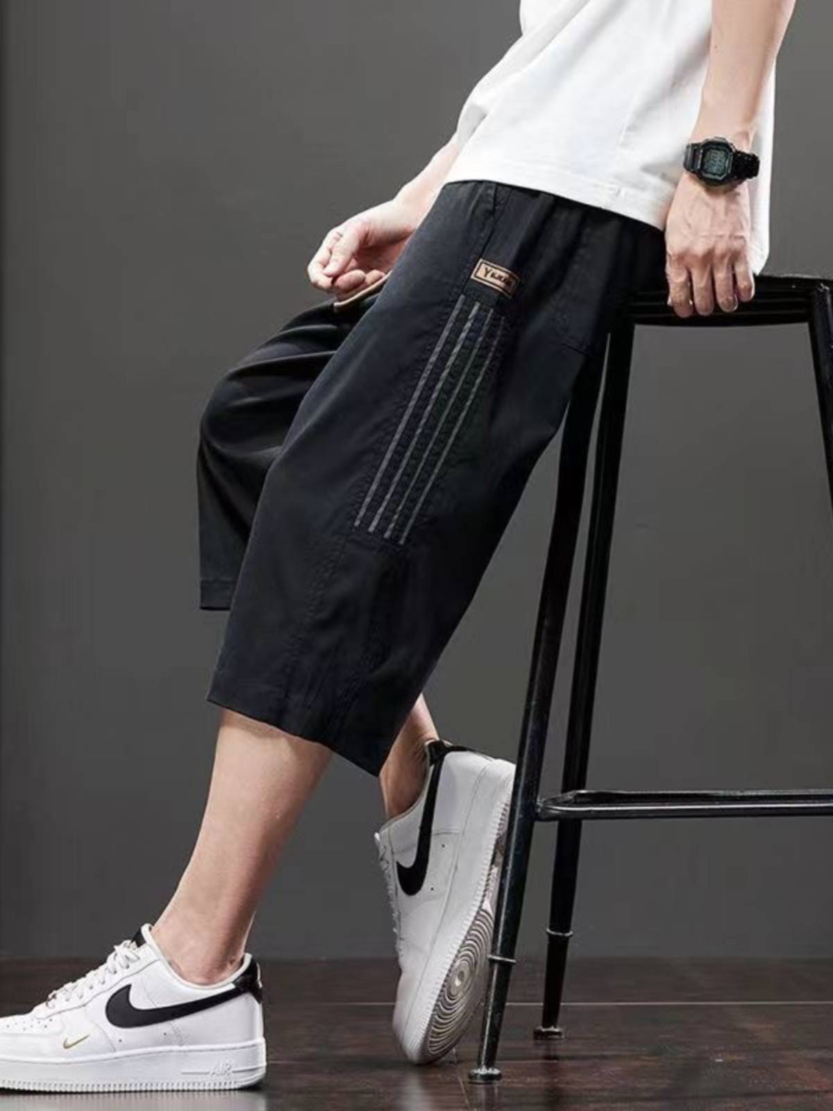 Three bars stitching sports shorts Men's pants pants loose straight casual tide brand quick -drying stripes over knee cropped pants