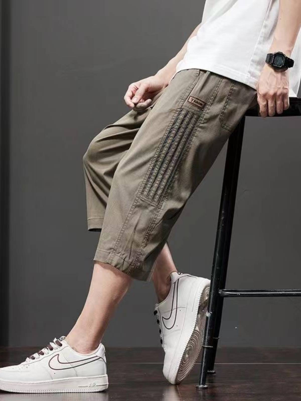 Three bars stitching sports shorts Men's pants pants loose straight casual tide brand quick -drying stripes over knee cropped pants