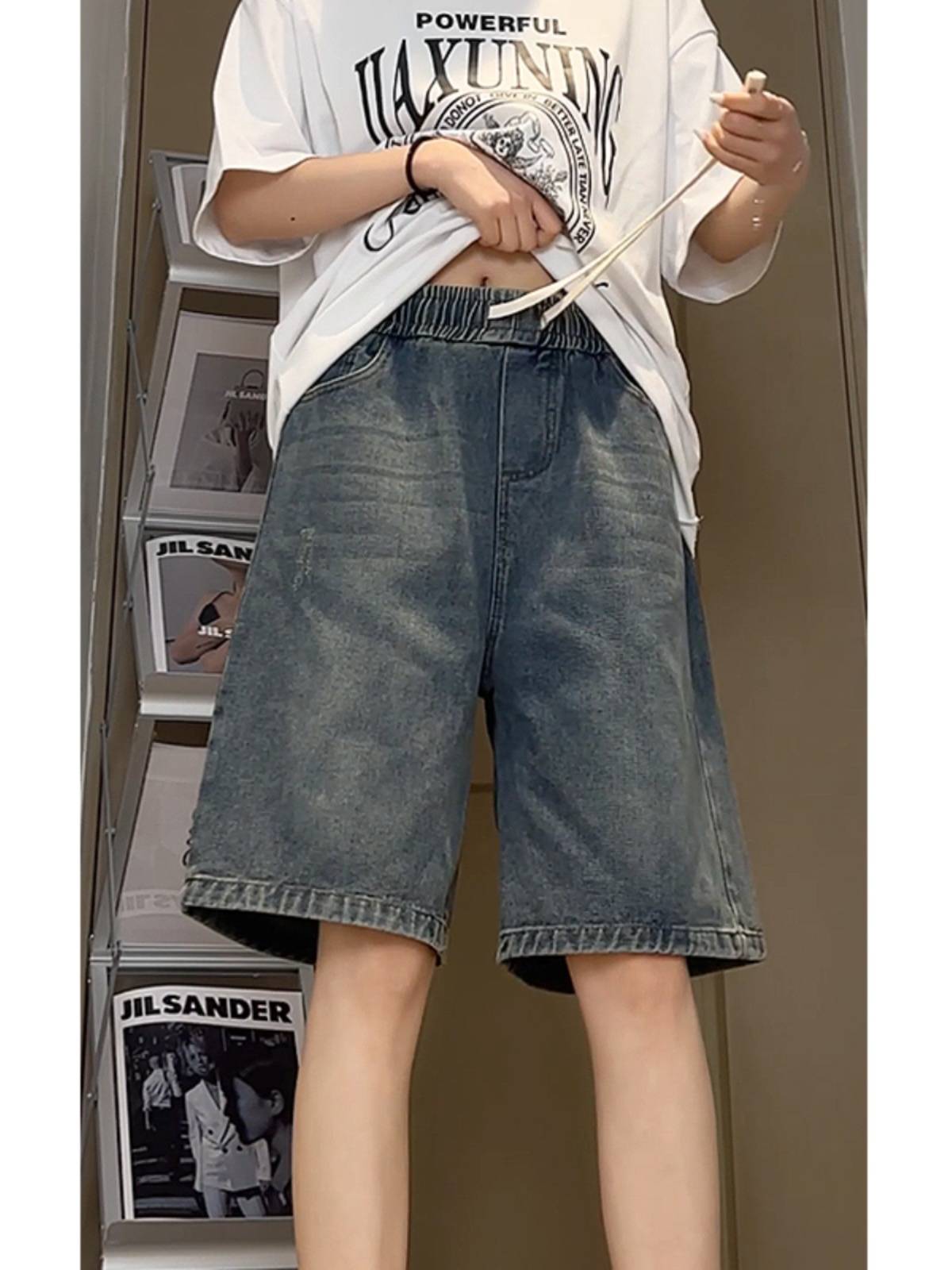 Fat mm American retro denim shorts female summer loose waist and knee horse pants 2024 new large size five -point pants