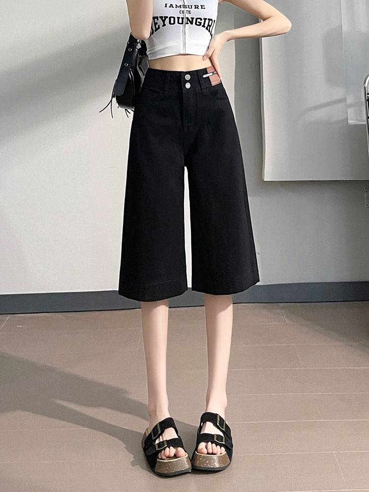 Liuqi straight -legged wide -leg jeans 2024 Summer thin high -waisted high -waisted loose horse pants 6 cents 7 cents over knee shorts