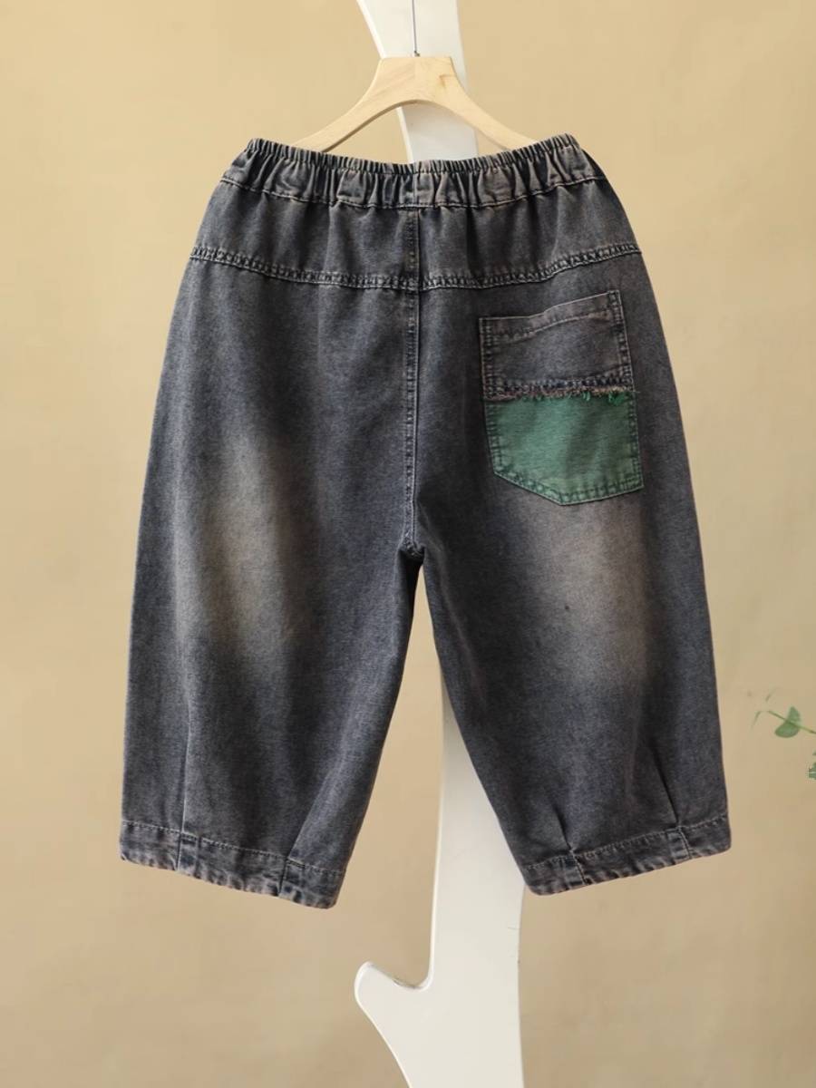 Summer thin retro four -leaf flower Butterfly Patch Mao Bian Denim Trippy Pants Loose Pattermination Penta Pants Horse Pants