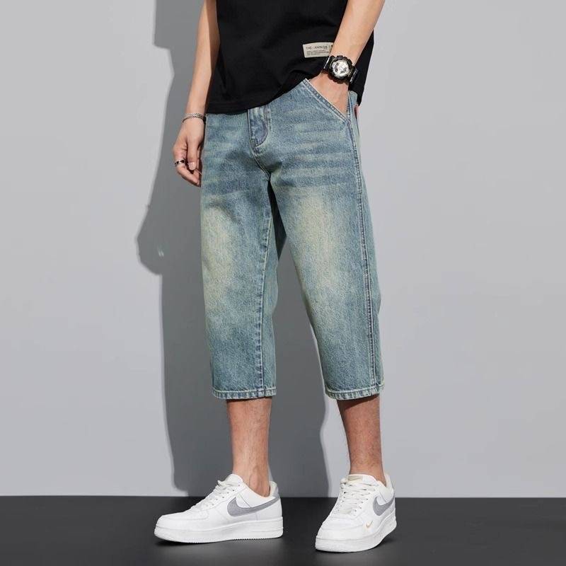 Seven -point denim shorts men's summer thin loose straight pants wearing horse pants in summer trend, wild 7 points pants