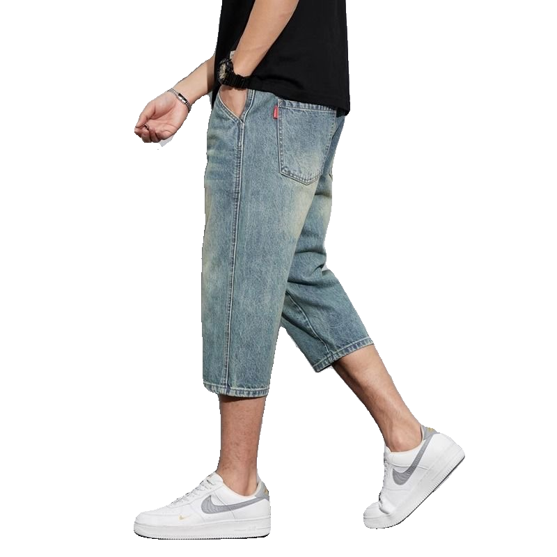 Seven -point denim shorts men's summer thin loose straight pants wearing horse pants in summer trend, wild 7 points pants