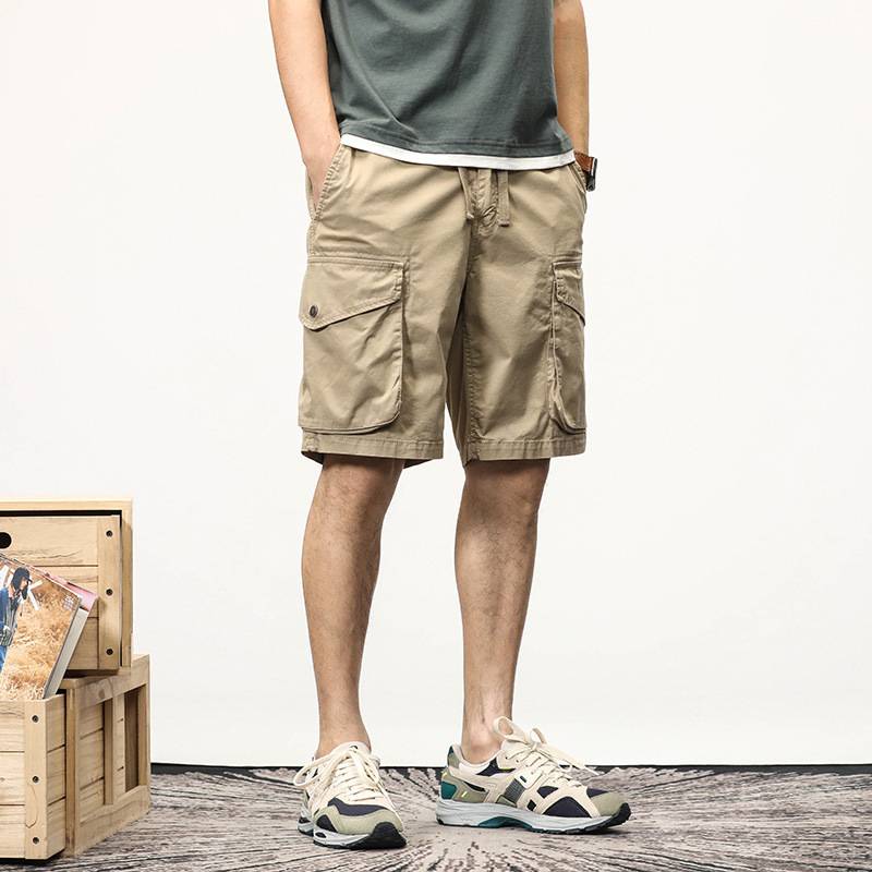 Summer retro elastic workers short pants Men's loose pentae pants straight cotton pants middle pants men's tide pants 5 points pants