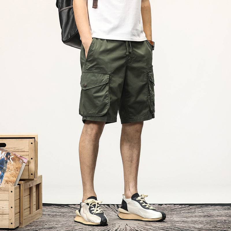 Summer retro elastic workers short pants Men's loose pentae pants straight cotton pants middle pants men's tide pants 5 points pants