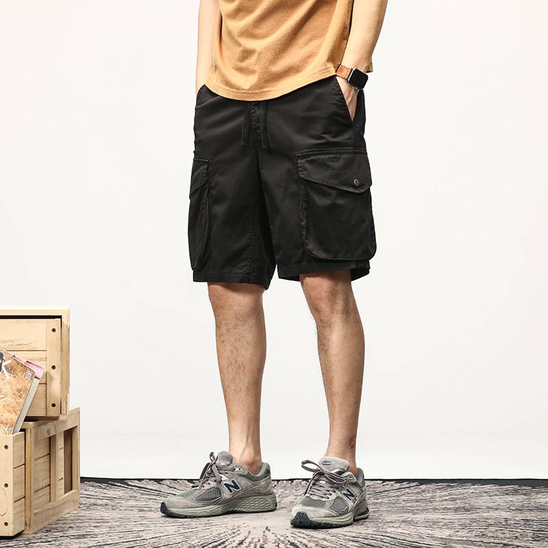 Summer retro elastic workers short pants Men's loose pentae pants straight cotton pants middle pants men's tide pants 5 points pants