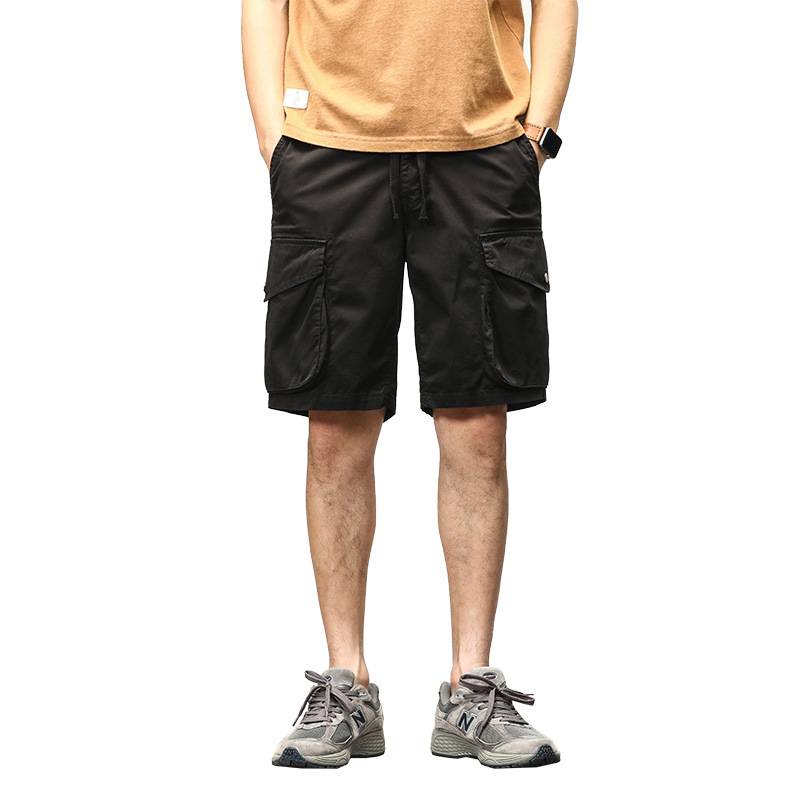 Summer retro elastic workers short pants Men's loose pentae pants straight cotton pants middle pants men's tide pants 5 points pants