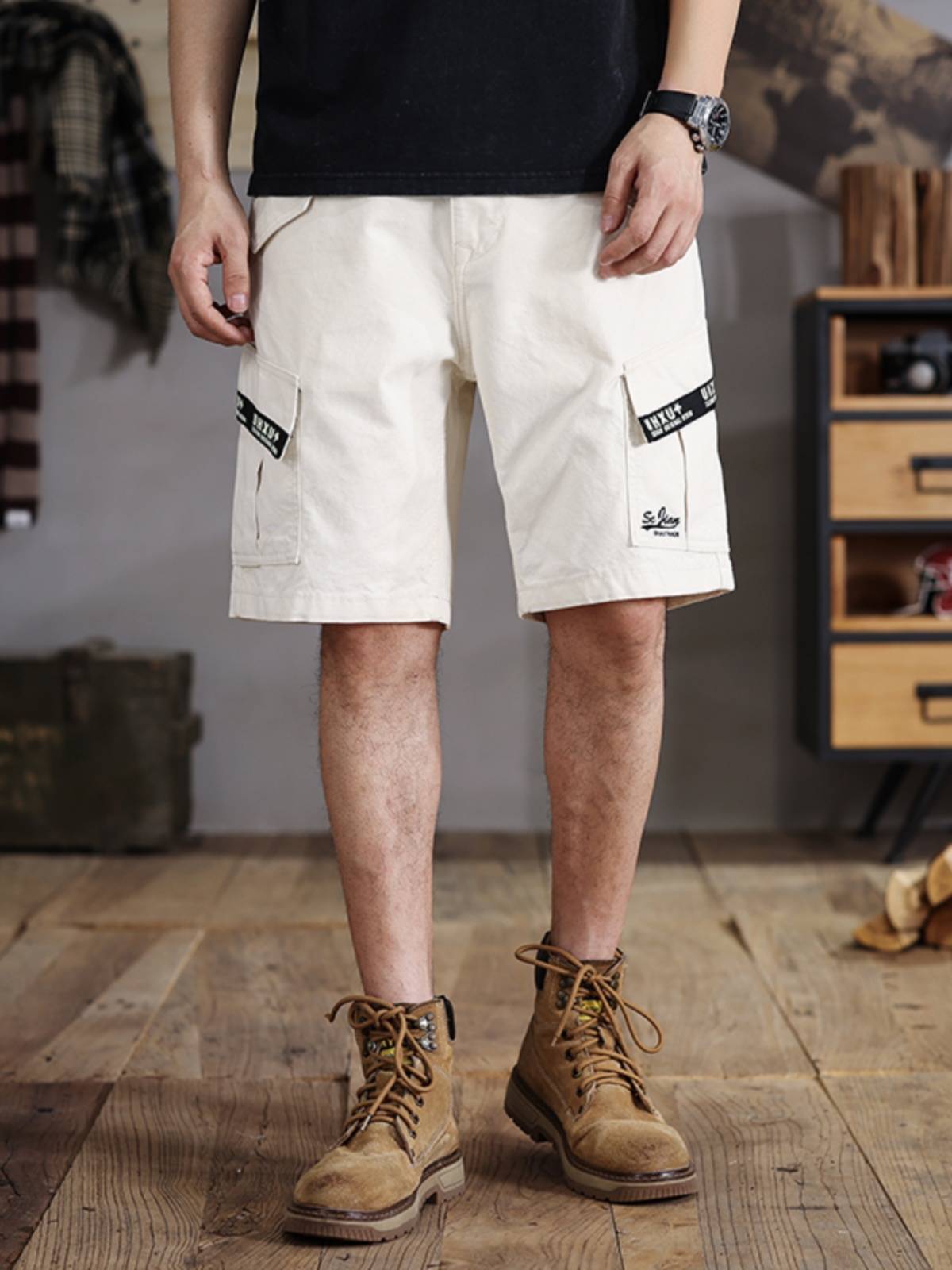 Summer workers casual shorts Men's pants pants pants, leisure horse pants 5 slim -fitting multiple bags of rice white 2025