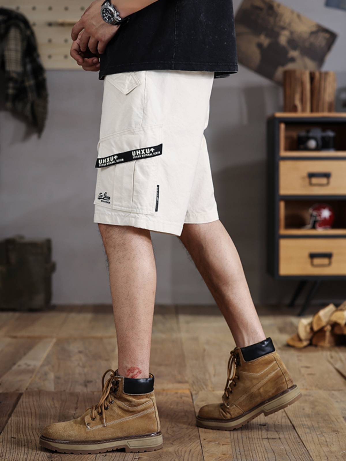 Summer workers casual shorts Men's pants pants pants, leisure horse pants 5 slim -fitting multiple bags of rice white 2025