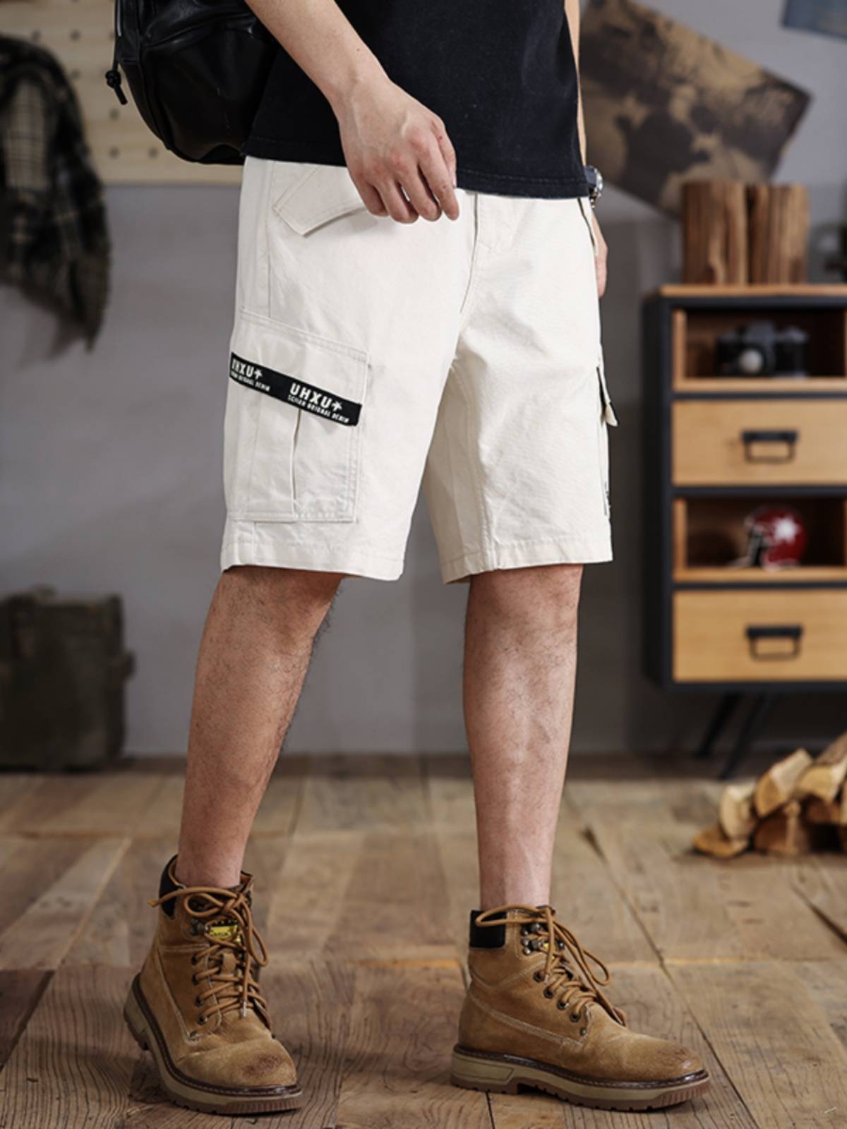 Summer workers casual shorts Men's pants pants pants, leisure horse pants 5 slim -fitting multiple bags of rice white 2025