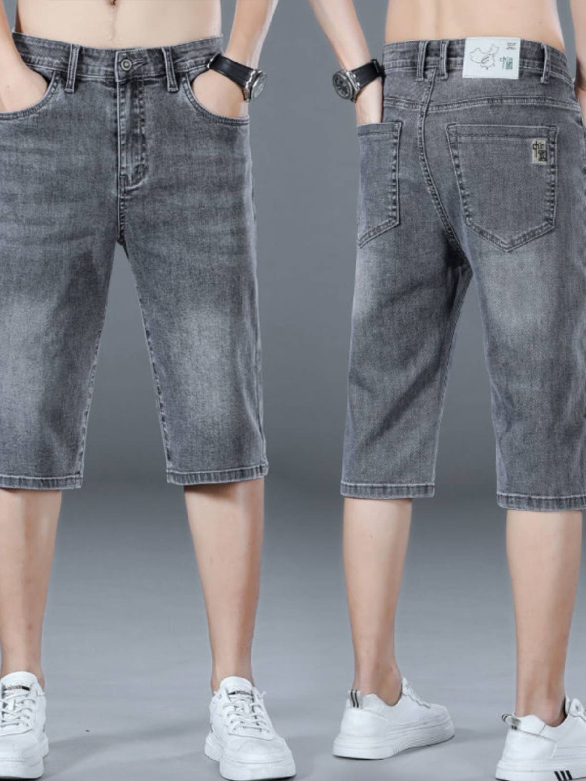Summer thin denim seven -point shorts men's elasticity over knee -knee pants men's Chinese embroidery outside pants